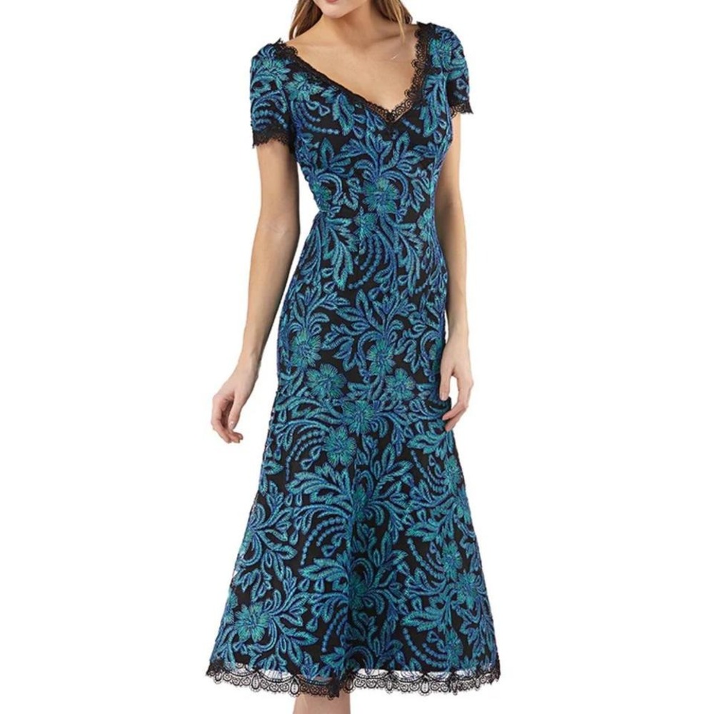 NWT‎ JS Collections Floral Embroidered Lace Cocktail Midi Dress Teal Blue Black